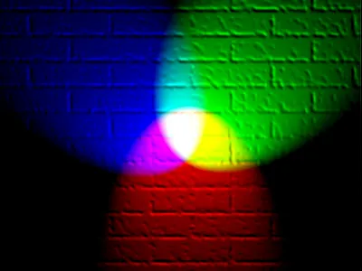 Red, green, and blue lights being shone on a wall.
