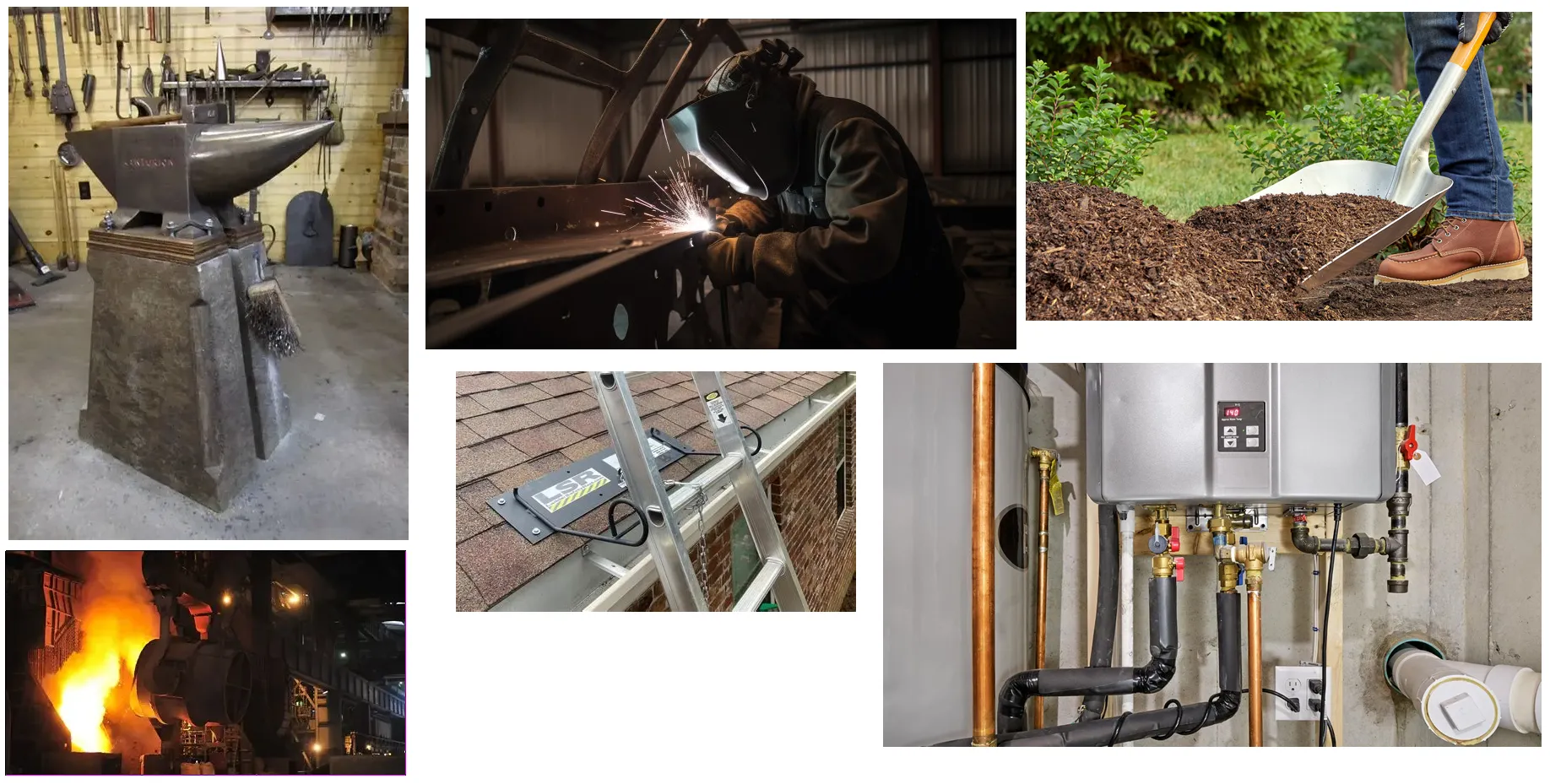 Image Grid: Welding, steel tools, heavy iron, hammers
