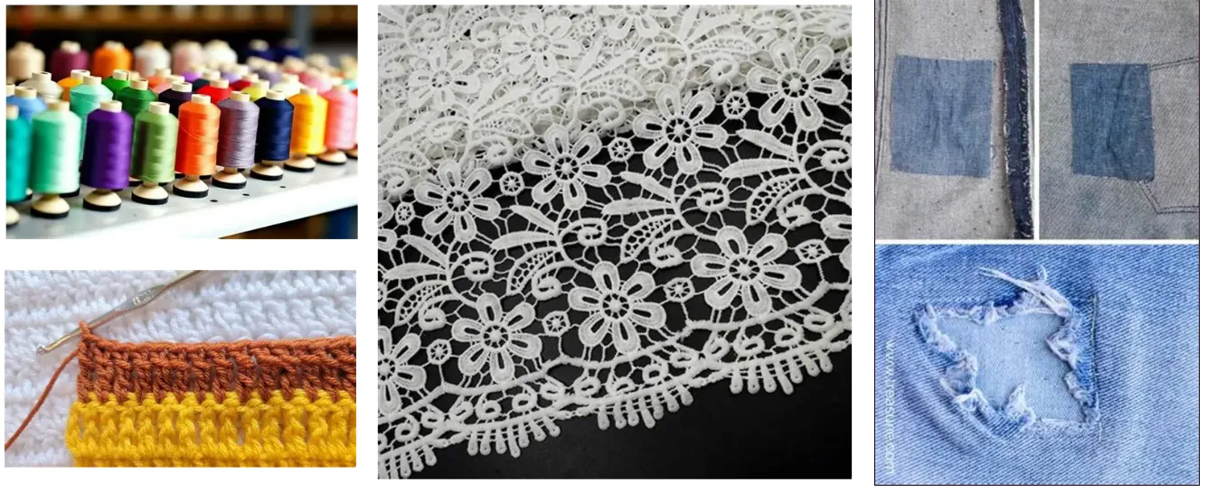 Image Grid: Lace, delicate stitching, spools of string, embroidery