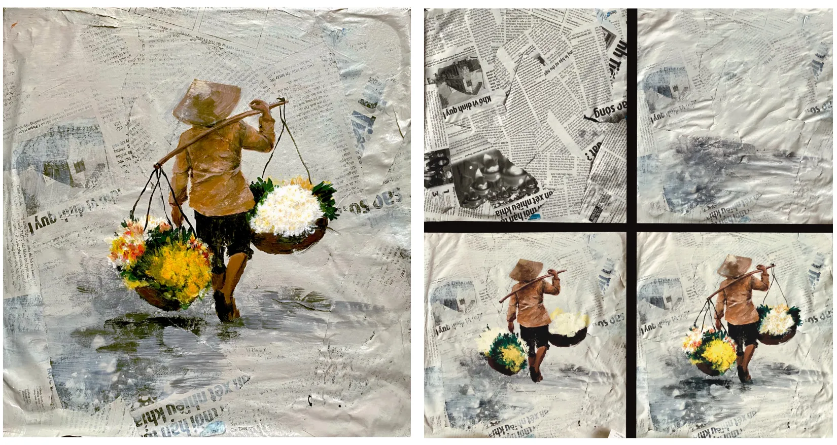 Image of lady walking. Painted on newspaper.