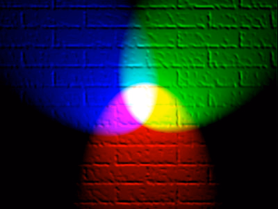 Red, green, and blue lights being shone on a wall.